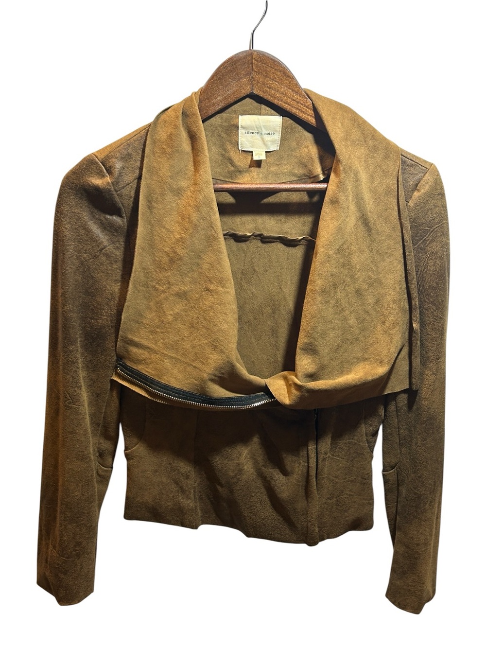 Silence + Noise Faux Suede Moto Jacket Brown Draped Zip Front Size Small
